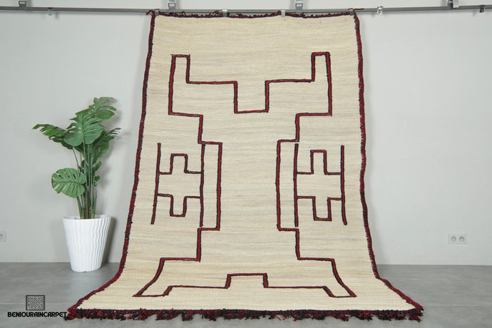 Custom Moroccan Hssira Rug - Handmade Palm Leaf Mat with Red and Black Wool Design