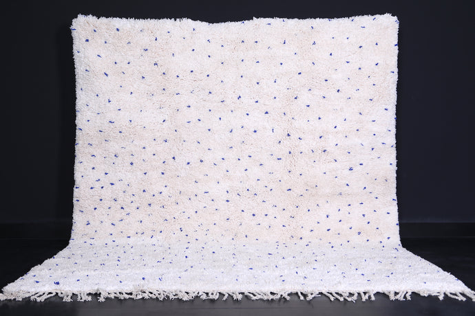 Custom Handmade White Wool Rug with Blue Details
