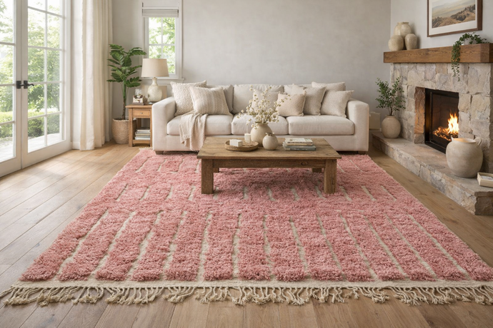 Custom Pink Moroccan Rug – Handmade Wool Berber Carpet with Ivory Stripes
