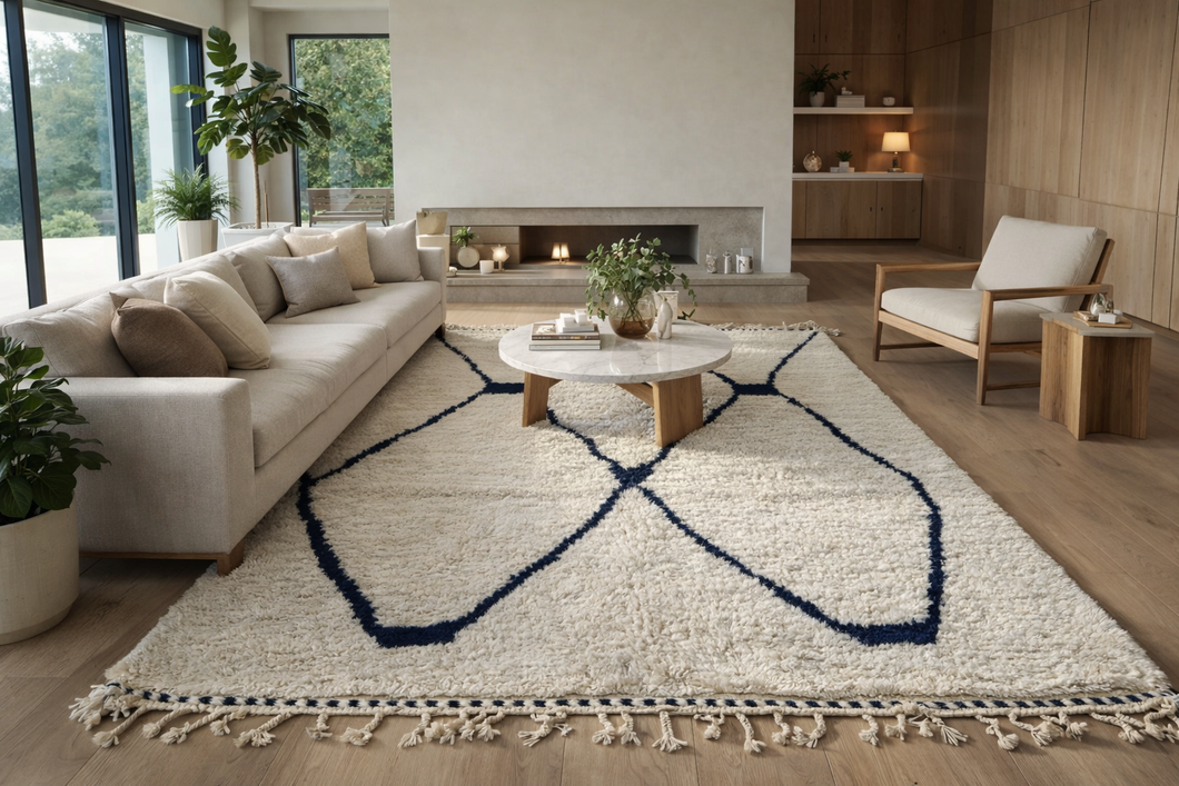 Custom Moroccan Wool Rug – Cream & Navy Geometric Handmade Berber Carpet