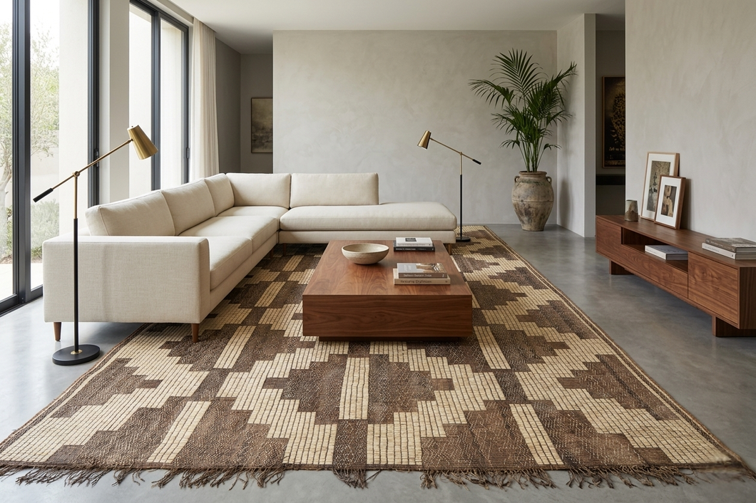 Large Tuareg Rug 10.3 x 17.5 ft – Handwoven Beige Brown Geometric Desert Mat