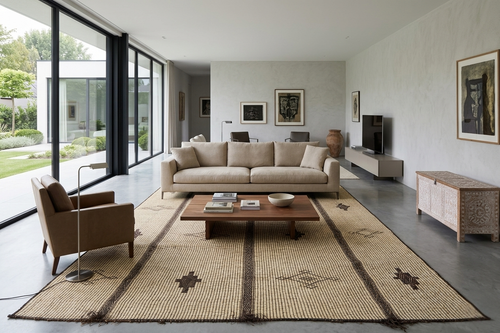 Minimalist tuareg rug - Beige with tribal brown motifs - 9.1 ft X 15 ft