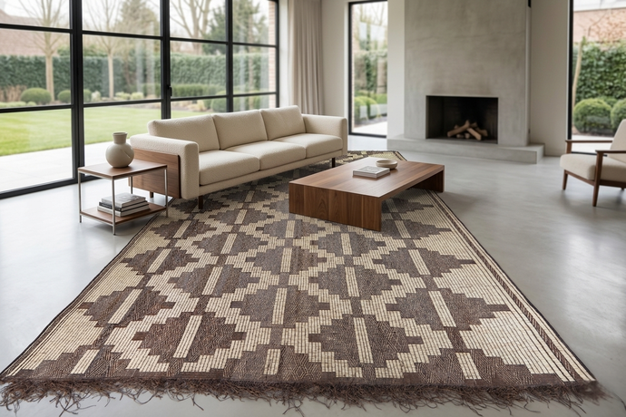 Extra Large Tuareg Rug 9.7 x 16.3 ft – Handwoven Geometric Desert Mat in Natural Reed and Leather