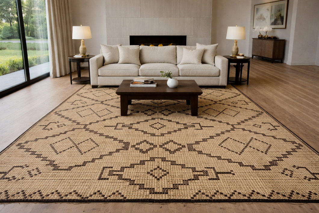 Large Tuareg Mat 10.4 x 15.2 ft – Handwoven Saharan Rug with Diamond Pattern in Natural Reed and Leather