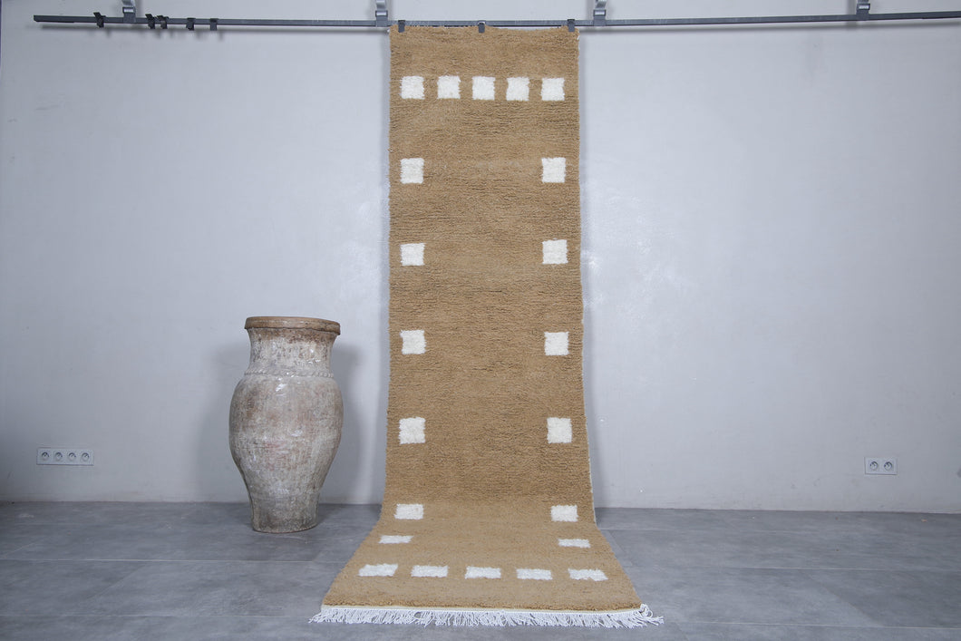 Custom light brown Moroccan rug with white checkered design