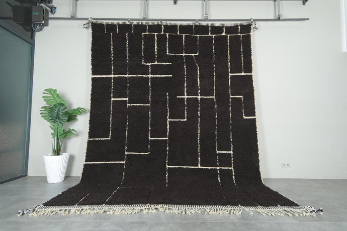 Custom Handmade Moroccan Rug – Dark Brown Wool with White Geometric Lines
