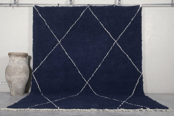 Navy Blue Moroccan Rug with Geometric White Lines - Handmade Berber Carpet