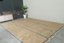 Handmade Beige Moroccan Wool Rug with Blue Lines – Custom Minimalist Berber Carpet
