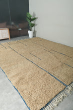 Handmade Beige Moroccan Wool Rug with Blue Lines – Custom Minimalist Berber Carpet