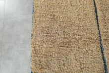 Handmade Beige Moroccan Wool Rug with Blue Lines – Custom Minimalist Berber Carpet