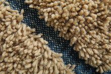 Handmade Beige Moroccan Wool Rug with Blue Lines – Custom Minimalist Berber Carpet