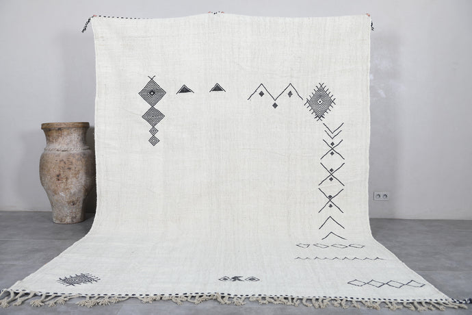 Minimalist White Rug with Black Geometric Embroidery | Handmade Art