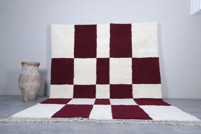 Custom Handmade Moroccan Rug - Burgundy and White Checkered Design