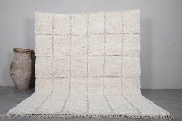 Plush Ivory Grid Moroccan Rug - Handmade Berber Carpet with Modern Square Pattern