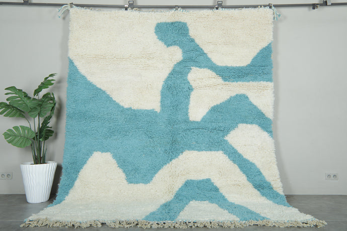 Custom Handwoven Moroccan Rug – Turquoise & Ivory Shaggy Wool Carpet