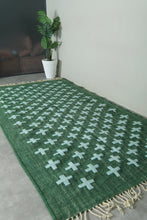 Handwoven Moroccan Flatweave Rug - Deep Green with Soft Mint Cross Pattern - Custom rug