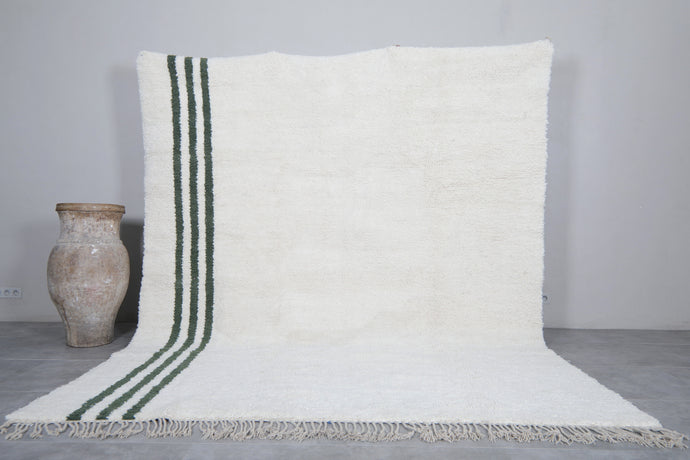 White Moroccan Carpet with Green Stripes - Authentic Berber Rug