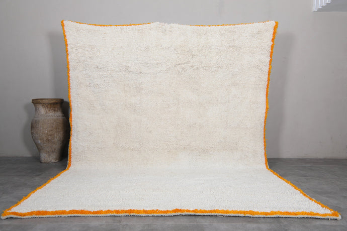 Minimalist Moroccan Rug - White Wool with Orange Border
