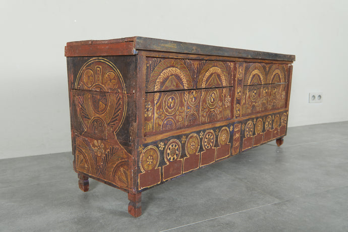 Vintage Moroccan chest  H 22 INCHES X W 51.1 INCHES X D 13.7 INCHES