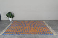 Peach Moroccan rug - Geometric Berber rug - Blue grid rug - Handmade custom rug
