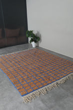 Peach Moroccan rug - Geometric Berber rug - Blue grid rug - Handmade custom rug