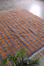 Peach Moroccan rug - Geometric Berber rug - Blue grid rug - Handmade custom rug