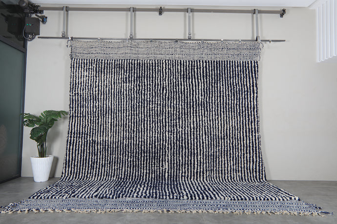 Custom Textured Stripe Rug – Handwoven Navy Blue & Ivory Moroccan Carpet