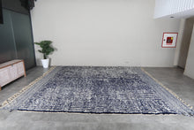 Custom Textured Stripe Rug – Handwoven Navy Blue & Ivory Moroccan Carpet