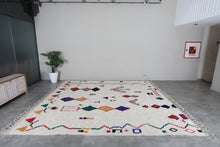 Custom Geometric Symbol Rug – Handwoven Ivory & Multicolor Moroccan Carpet