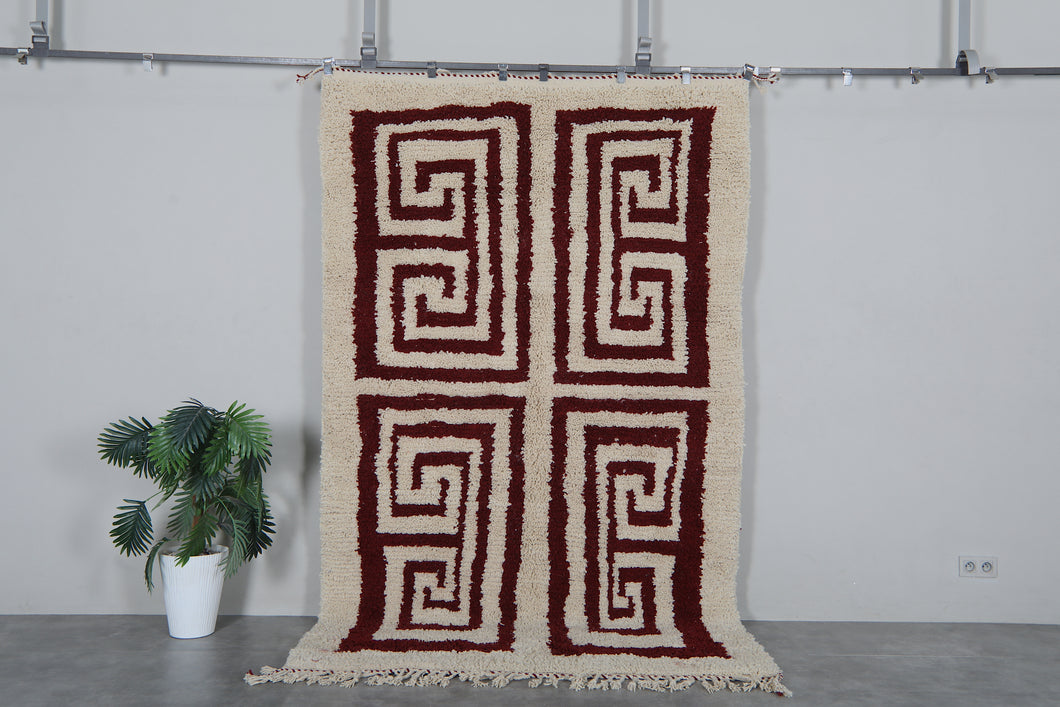 Handmade Moroccan Berber Rug, Cream & Burgundy Geometric Pattern Rug