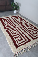 Handmade Moroccan Berber Rug, Cream & Burgundy Geometric Pattern Rug