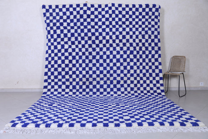 Blue and White Custom Moroccan Checkered Rug - Handmade Berber Shag Carpet