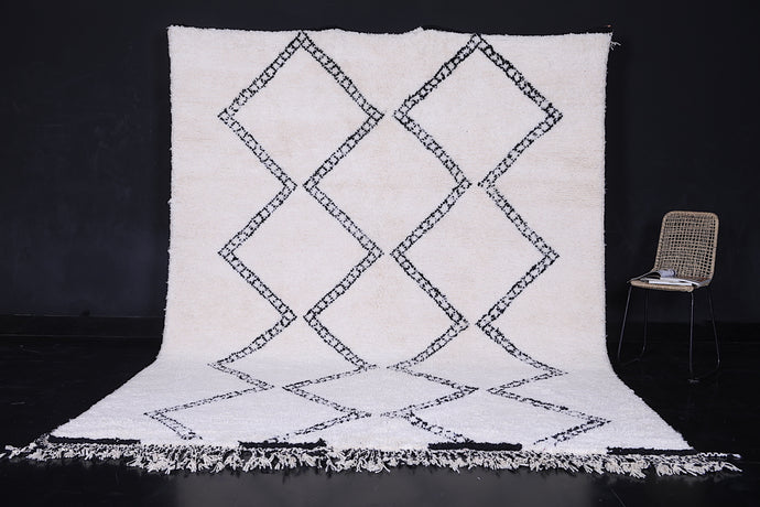 White Custom Moroccan Rug with Black Geometric Pattern