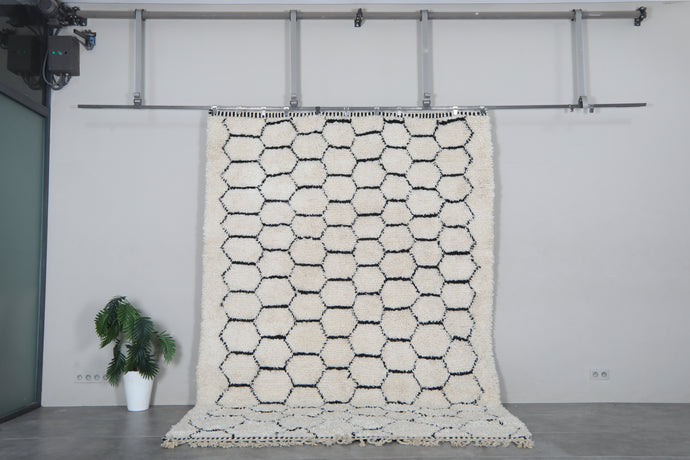 Handmade Moroccan Wool Rug - Ivory Cream Area Rug - Black Honeycomb Berber Design - Custom size