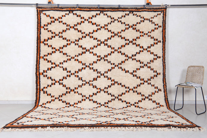 Beni Ourain Moroccan Carpet - Handmade Wool Rug with Orange Accents