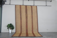 Large Tuareg Rug 7.3 x 13.1 ft – Handwoven Beige Tribal Mat with Red Brown Geometric Stripes