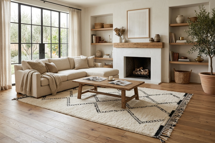 White Custom Moroccan Rug with Black Geometric Pattern