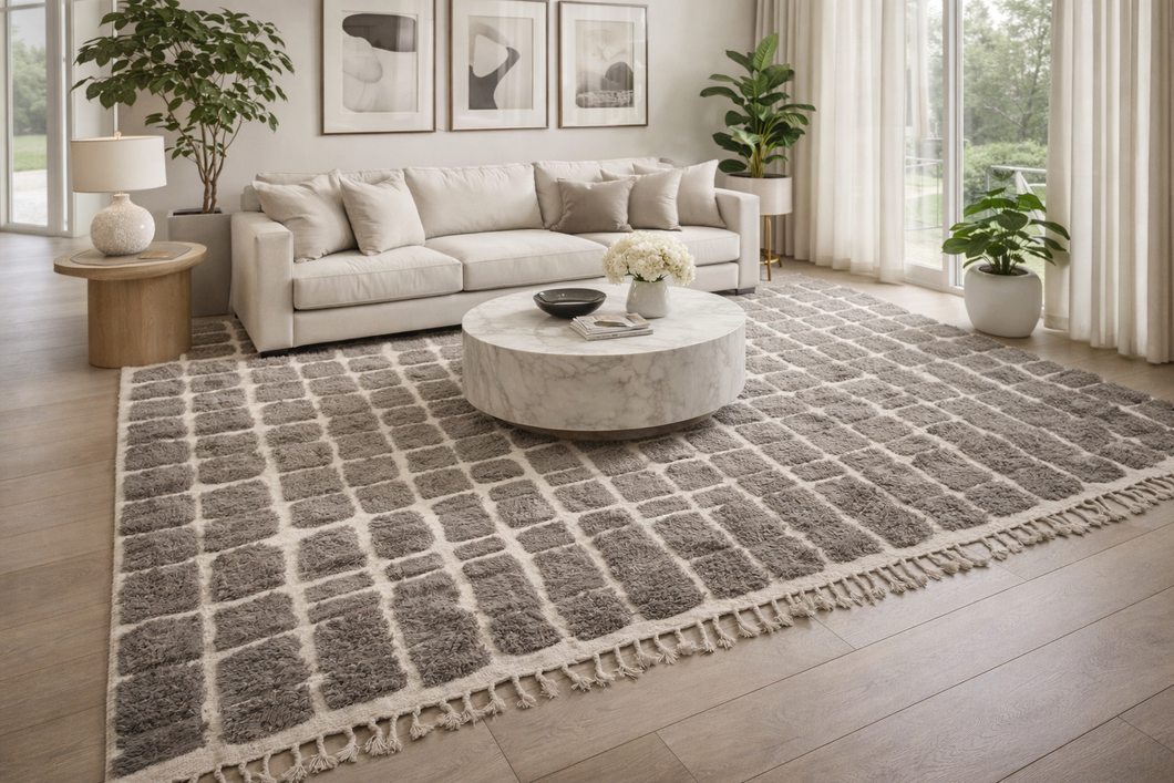 Moroccan Checkered Wool Rug - Handwoven Gray and Cream Design