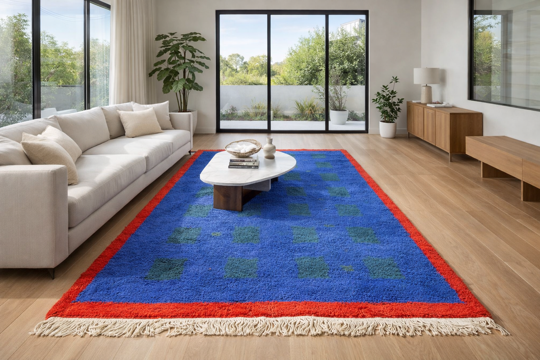 Blue & red handmade beni ourain rug - Custom size