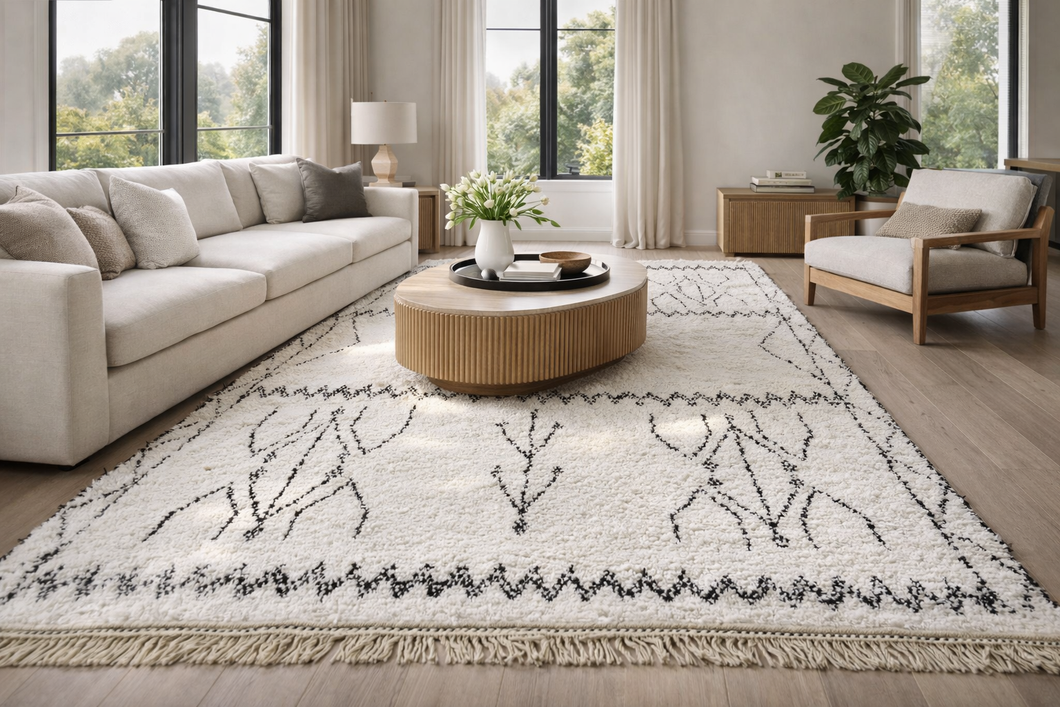 White beni ourain rug with black geometric design - Custom size