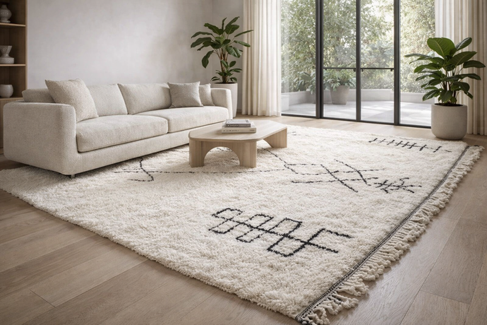 Handmade Moroccan Beni Ourain Rug – White Wool with Black Geometric Symbols