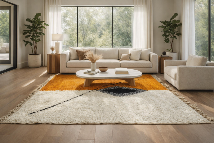 Modern Moroccan Rug – Custom Handwoven Carpet - Orange & White Minimalist Design