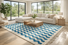 Custom Wave Pattern Rug – Handwoven Blue-Turquoise & White Moroccan Carpet