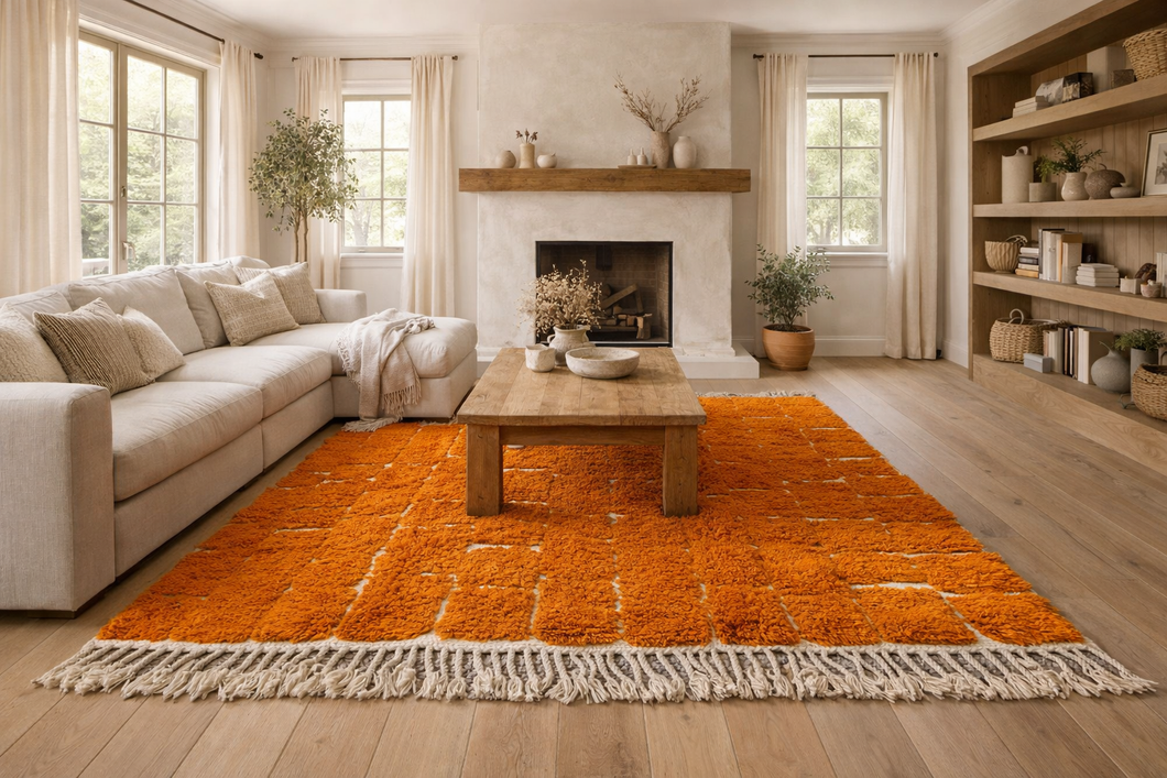 Custom Moroccan rug - Handmade Orange & cream shag