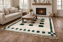 Moroccan wool rug - Cream & dark green geometric - Custom size