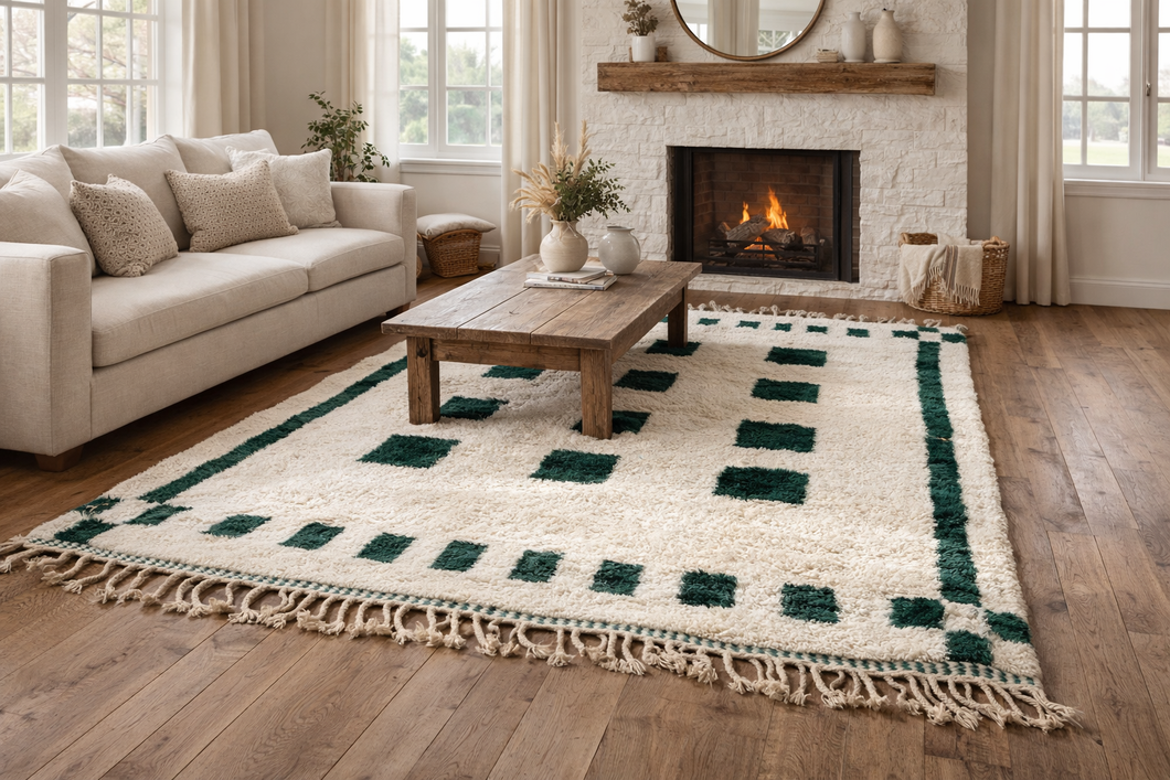 Moroccan wool rug - Cream & dark green geometric - Custom size