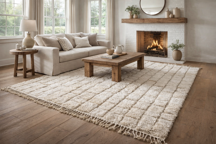 Custom handmade beni ourain rug - Cream checkered wool