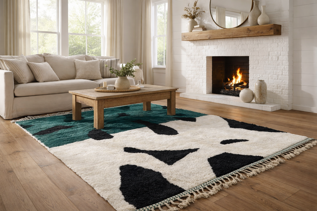 Custom abstract Moroccan rug in green, black & cream wool