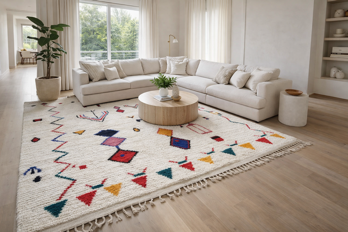 Custom Geometric Symbol Rug – Handwoven Ivory & Multicolor Moroccan Carpet