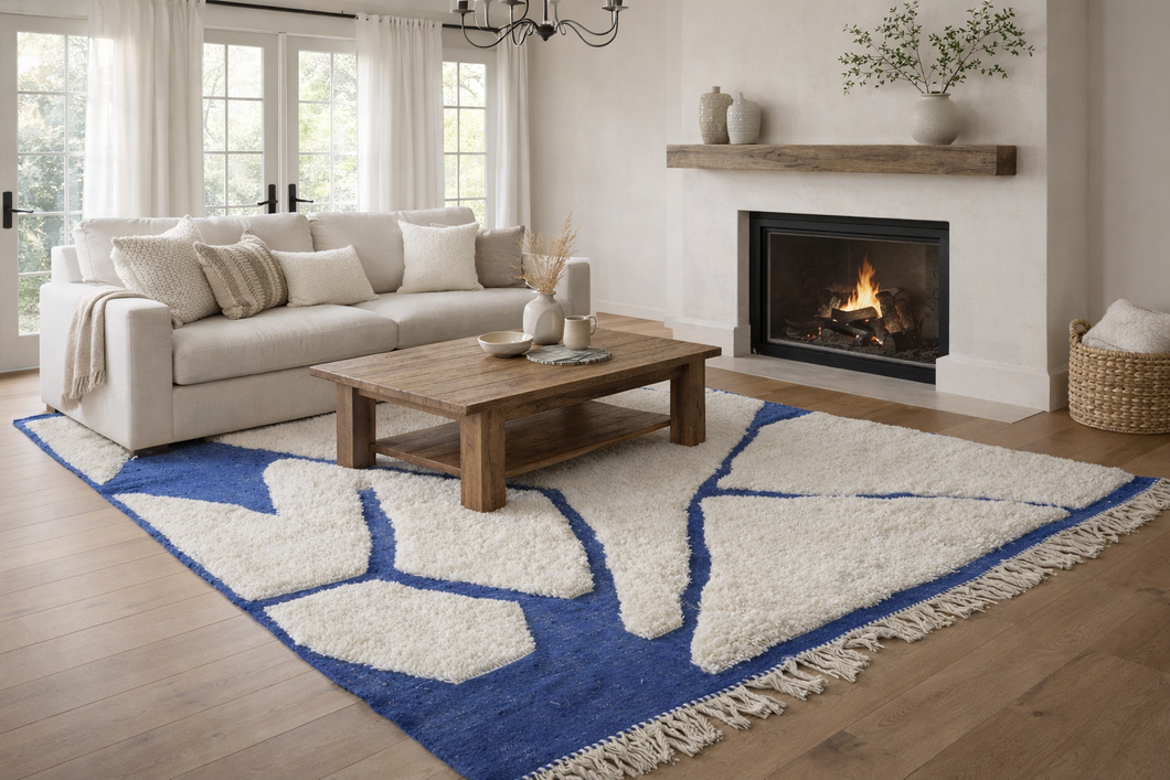 Custom Wool Berber Rug - Blue and White Handmade Design | LuxWeave
